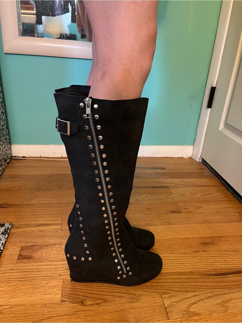 2 Lips Too Black Knee-High Studded Heeled Boots